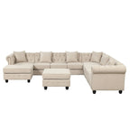 Canapé d'angle Chesterfield avec pouf et 6 coussins, en lin, en forme de U, avec méridienne et pieds en hévéa, idéal pour le salon.