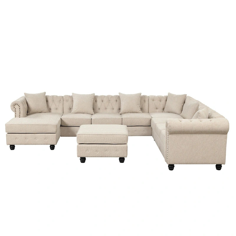 Canapé d'angle Chesterfield avec pouf et 6 coussins, en lin, en forme de U, avec méridienne et pieds en hévéa, idéal pour le salon.