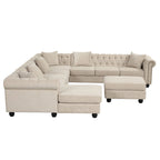 Canapé d'angle Chesterfield avec pouf et 6 coussins, en lin, en forme de U, avec méridienne et pieds en hévéa, idéal pour le salon.