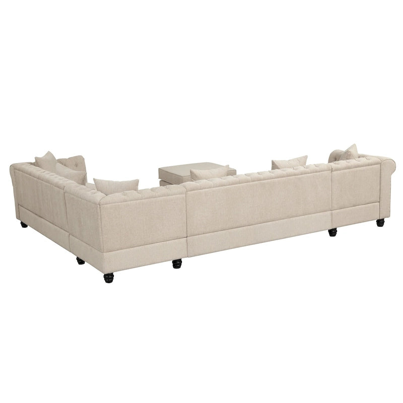 Canapé d'angle Chesterfield avec pouf et 6 coussins, en lin, en forme de U, avec méridienne et pieds en hévéa, idéal pour le salon.