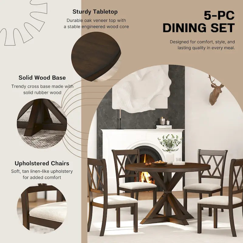 Ensemble de salle à manger en bois à dossier croisé 5 pièces Roundhill Furniture Windvale