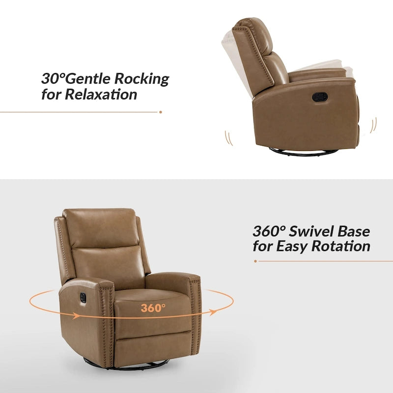 Fauteuil inclinable pivotant à bascule Fiacro 30,31 pouces de large, en cuir véritable moderne, avec garnitures cloutées
