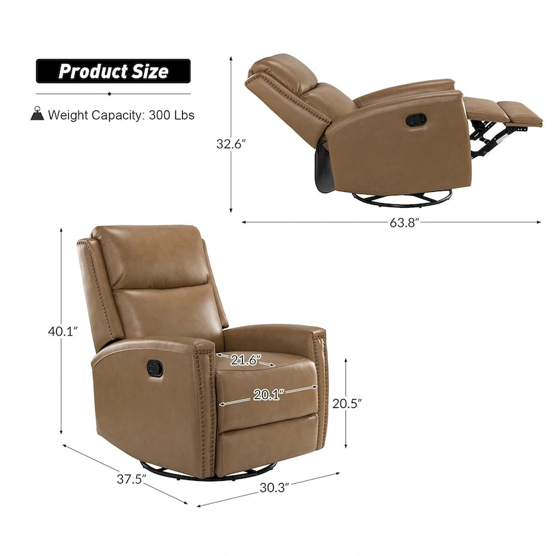 Fauteuil inclinable pivotant à bascule Fiacro 30,31 pouces de large, en cuir véritable moderne, avec garnitures cloutées