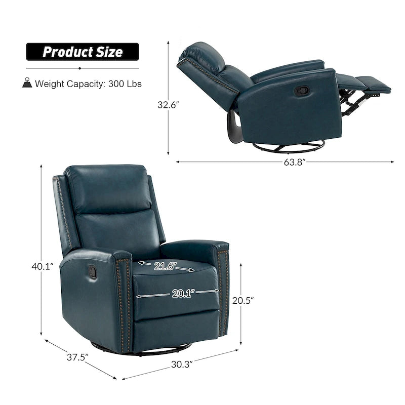 Fauteuil inclinable pivotant à bascule Fiacro 30,31 pouces de large, en cuir véritable moderne, avec garnitures cloutées