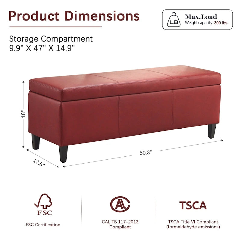 Pouf de rangement rectangulaire capitonné en similicuir (50,3 x 17,50 x 18 cm)