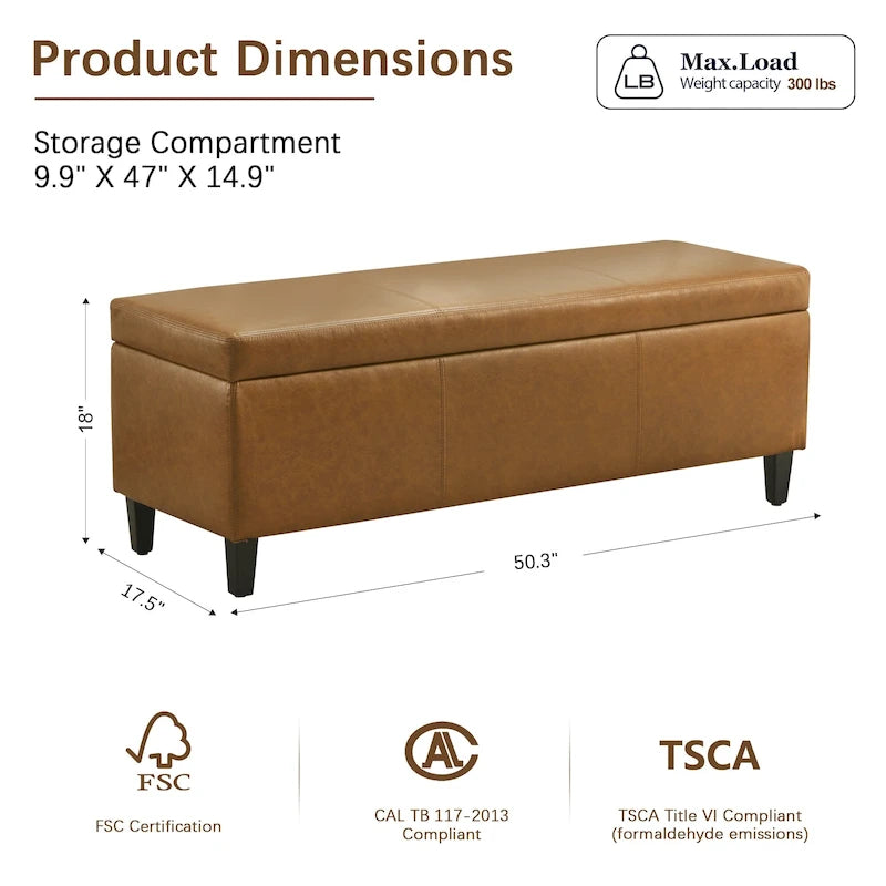 Pouf de rangement rectangulaire capitonné en similicuir (50,3 x 17,50 x 18 cm)
