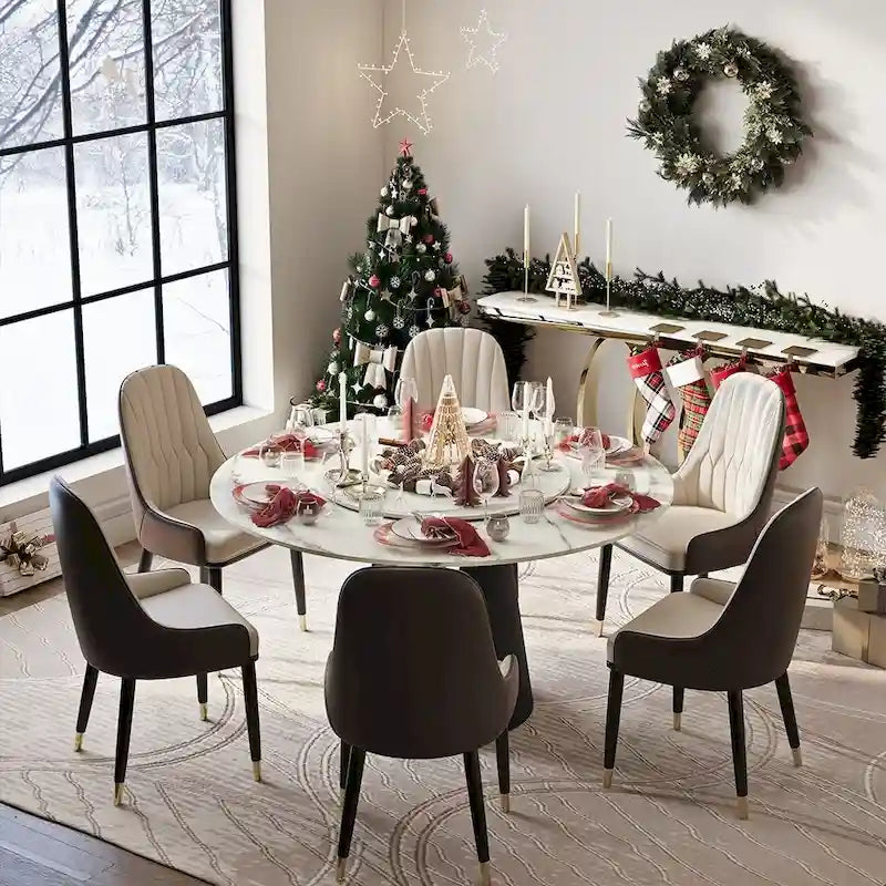 Table de salle à manger ronde blanche moderne, plateau en pierre frittée, piètement en acier au carbone noir massif