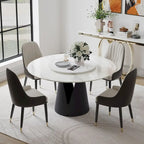 Table de salle à manger ronde blanche moderne, plateau en pierre frittée, piètement en acier au carbone noir massif