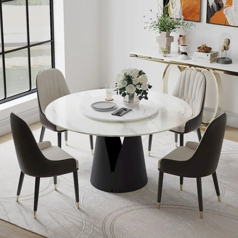Table de salle à manger ronde blanche moderne, plateau en pierre frittée, piètement en acier au carbone noir massif