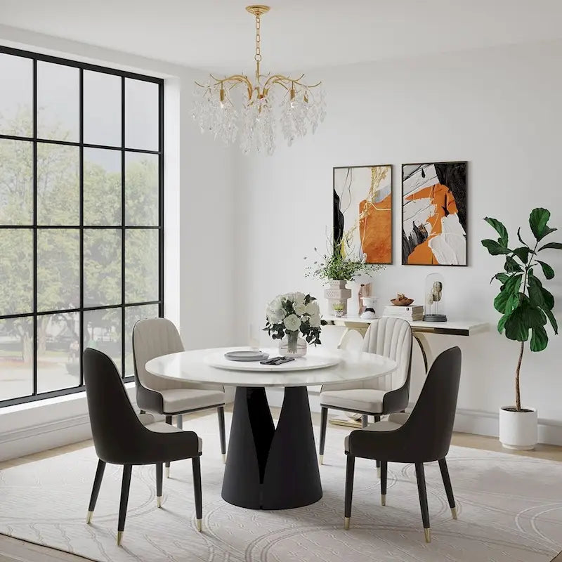 Table de salle à manger ronde blanche moderne, plateau en pierre frittée, piètement en acier au carbone noir massif