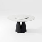 Table de salle à manger ronde blanche moderne, plateau en pierre frittée, piètement en acier au carbone noir massif