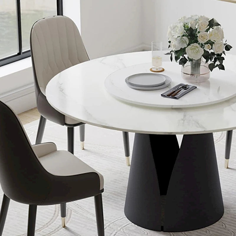 Table de salle à manger ronde blanche moderne, plateau en pierre frittée, piètement en acier au carbone noir massif