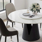 Table de salle à manger ronde blanche moderne, plateau en pierre frittée, piètement en acier au carbone noir massif