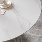 Table de salle à manger ronde blanche moderne, plateau en pierre frittée, piètement en acier au carbone noir massif
