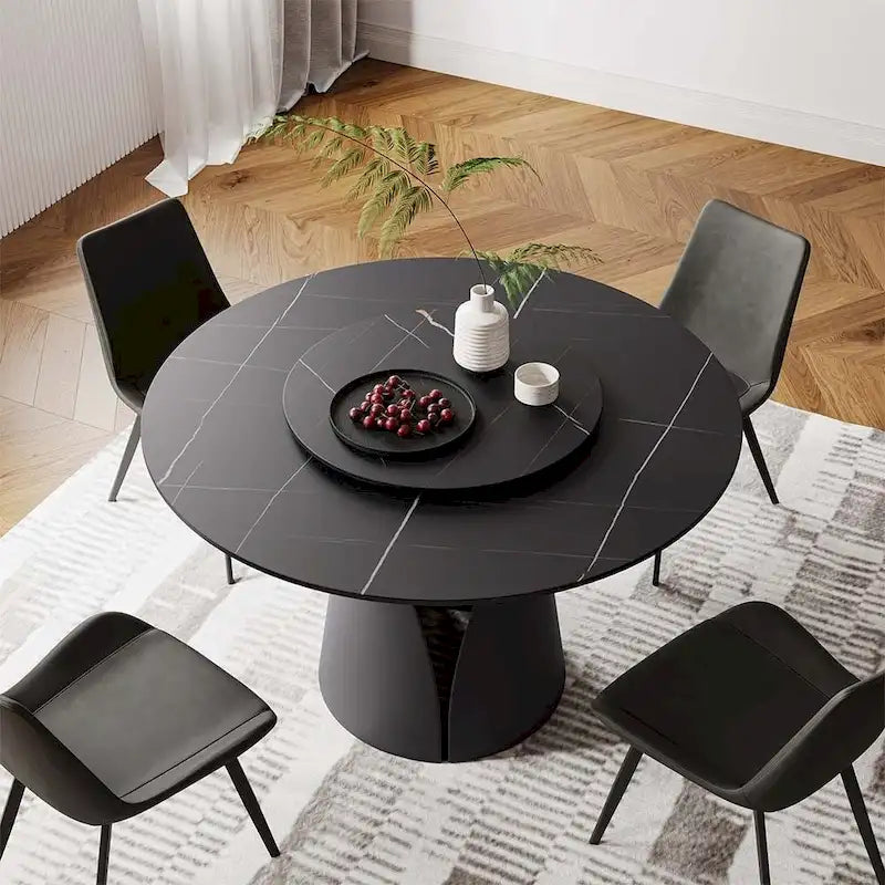 Table de salle à manger ronde blanche moderne, plateau en pierre frittée, piètement en acier au carbone noir massif
