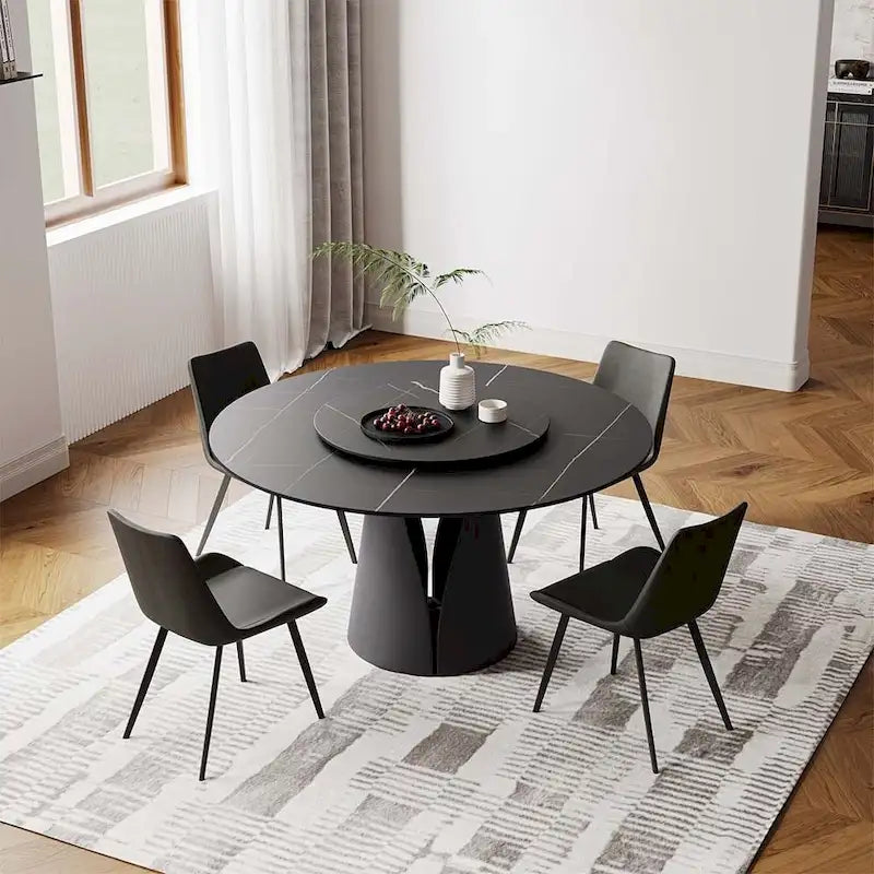 Table de salle à manger ronde blanche moderne, plateau en pierre frittée, piètement en acier au carbone noir massif