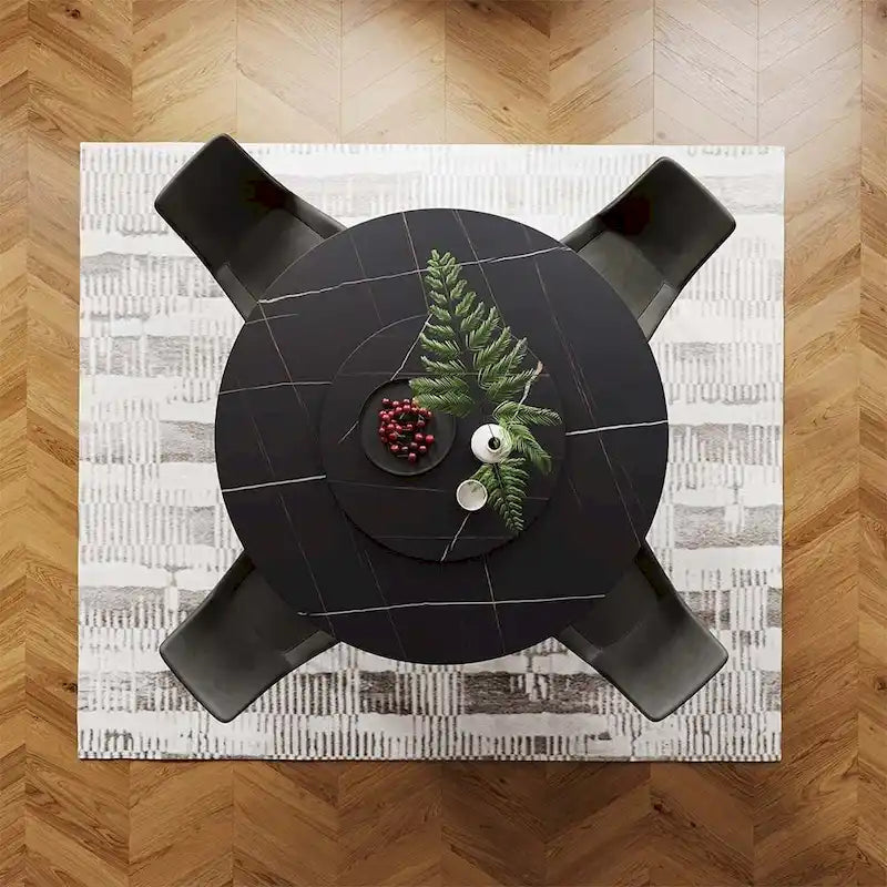 Table de salle à manger ronde blanche moderne, plateau en pierre frittée, piètement en acier au carbone noir massif