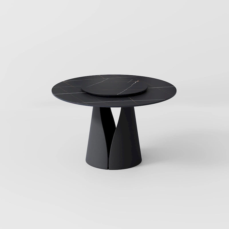 Table de salle à manger ronde blanche moderne, plateau en pierre frittée, piètement en acier au carbone noir massif