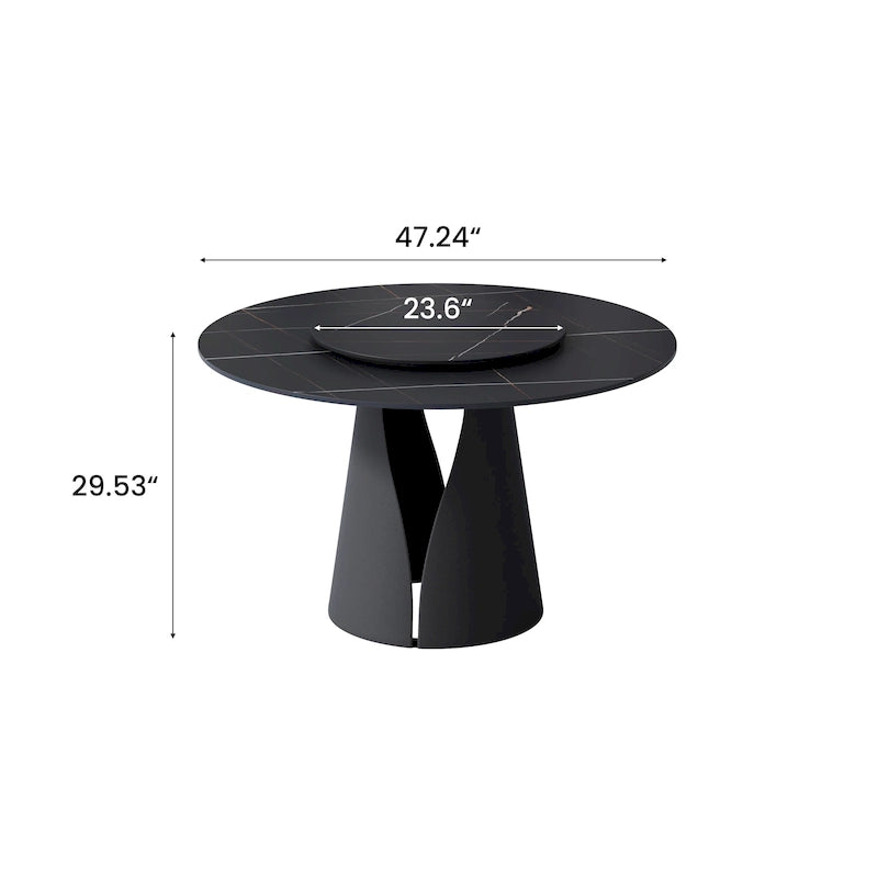 Table de salle à manger ronde blanche moderne, plateau en pierre frittée, piètement en acier au carbone noir massif