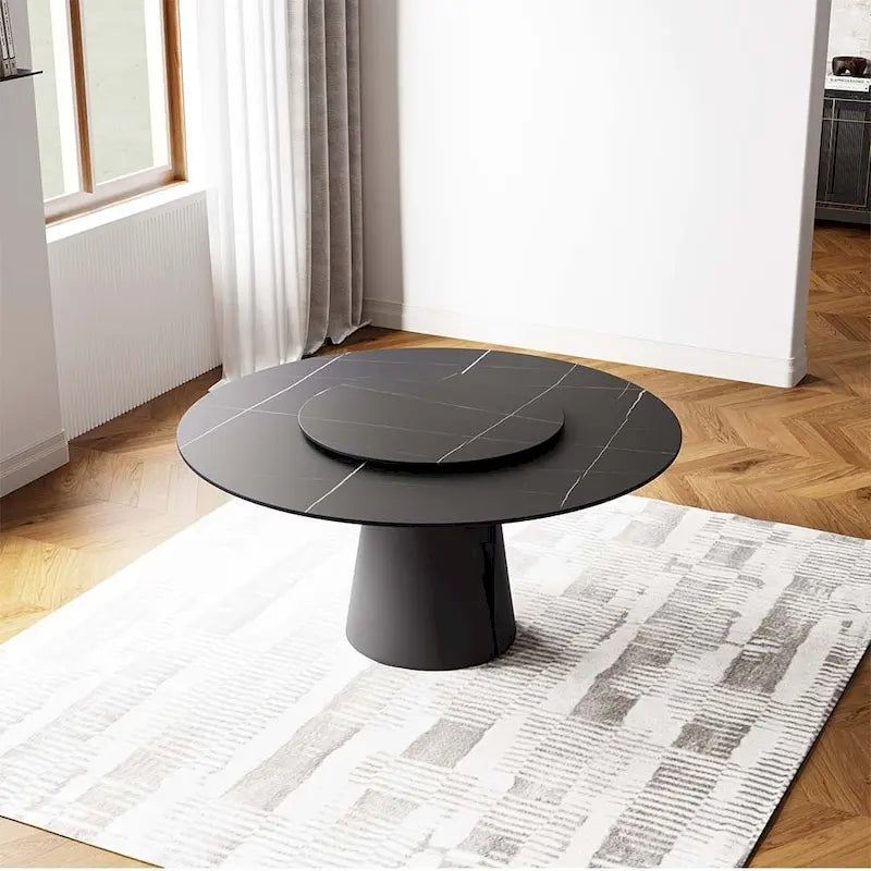 Table de salle à manger ronde blanche moderne, plateau en pierre frittée, piètement en acier au carbone noir massif