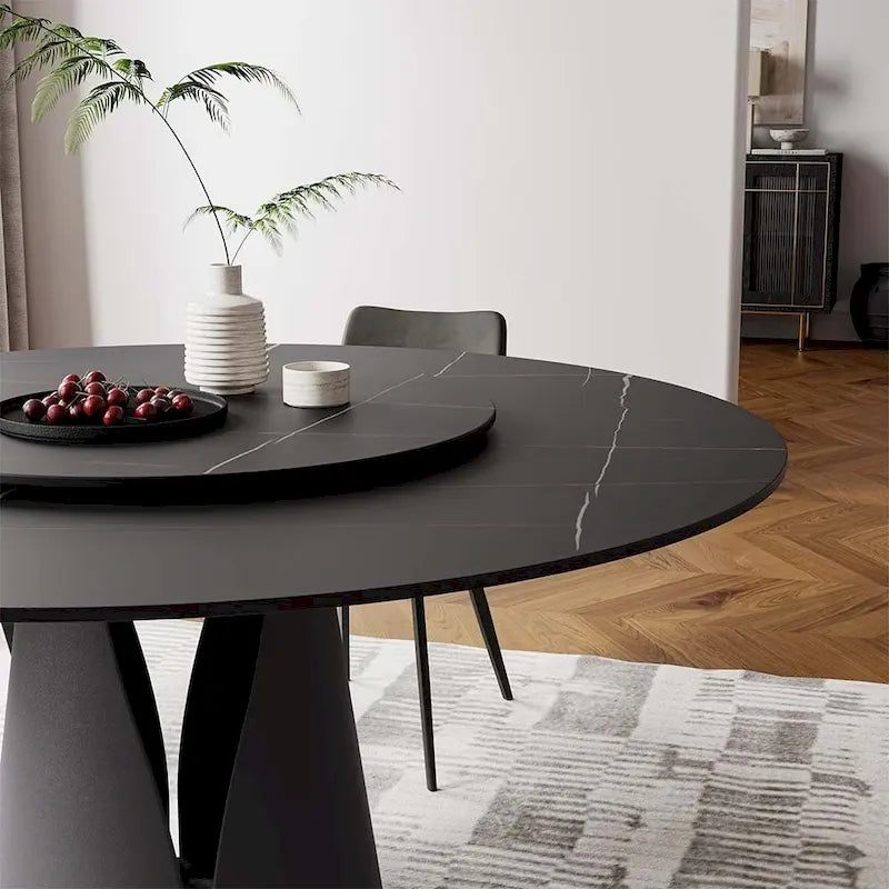 Table de salle à manger ronde blanche moderne, plateau en pierre frittée, piètement en acier au carbone noir massif
