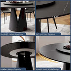 Table de salle à manger ronde blanche moderne, plateau en pierre frittée, piètement en acier au carbone noir massif