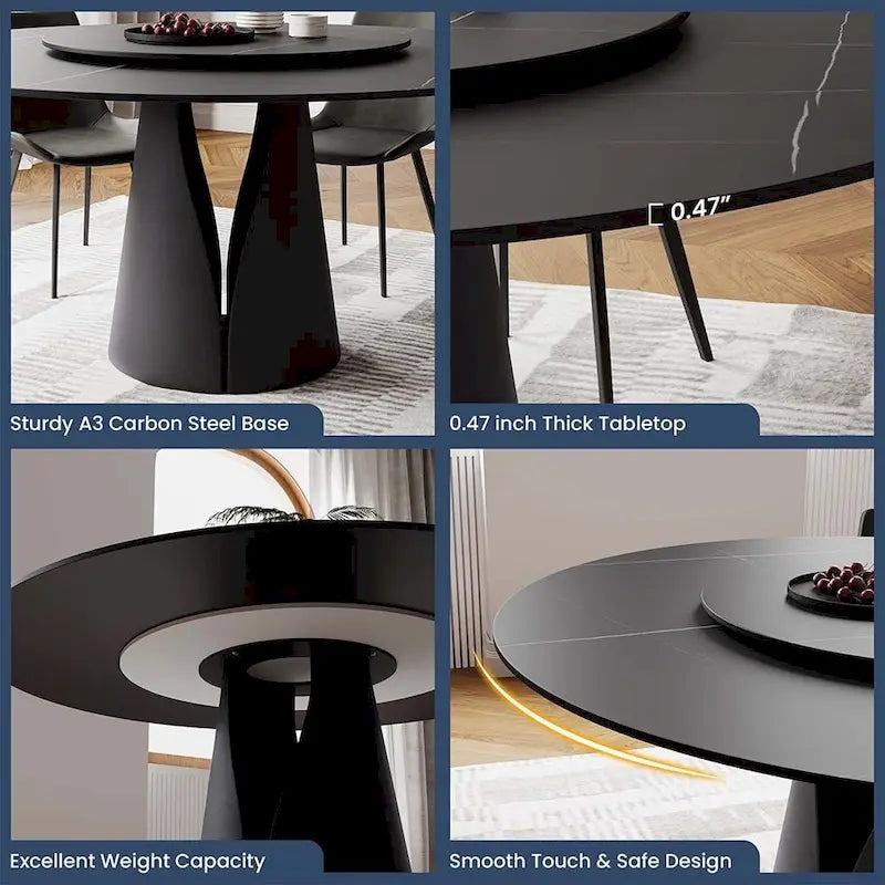 Table de salle à manger ronde blanche moderne, plateau en pierre frittée, piètement en acier au carbone noir massif