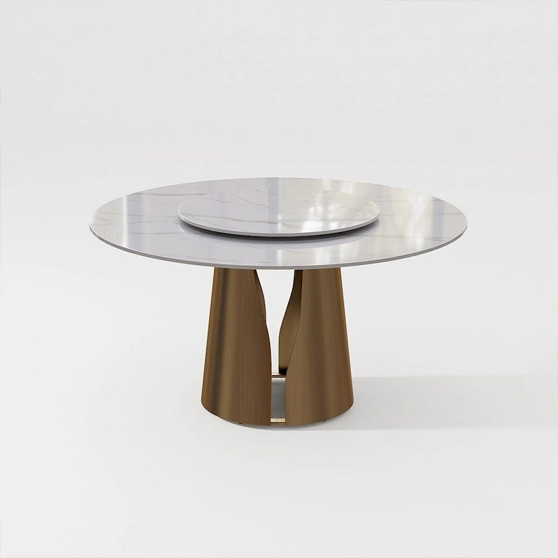 Table de salle à manger ronde blanche moderne, plateau en pierre frittée, piètement en acier au carbone noir massif