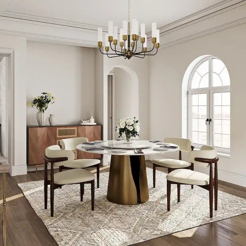 Table de salle à manger ronde blanche moderne, plateau en pierre frittée, piètement en acier au carbone noir massif