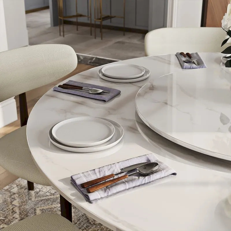 Table de salle à manger ronde blanche moderne, plateau en pierre frittée, piètement en acier au carbone noir massif