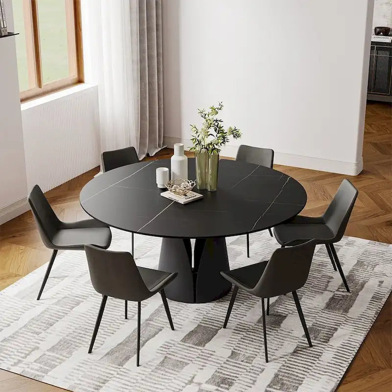 Table de salle à manger ronde blanche moderne, plateau en pierre frittée, piètement en acier au carbone noir massif