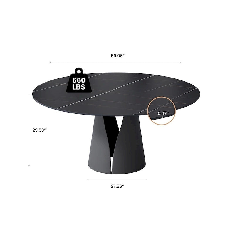 Table de salle à manger ronde blanche moderne, plateau en pierre frittée, piètement en acier au carbone noir massif