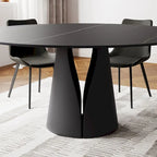 Table de salle à manger ronde blanche moderne, plateau en pierre frittée, piètement en acier au carbone noir massif