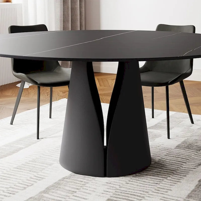 Table de salle à manger ronde blanche moderne, plateau en pierre frittée, piètement en acier au carbone noir massif