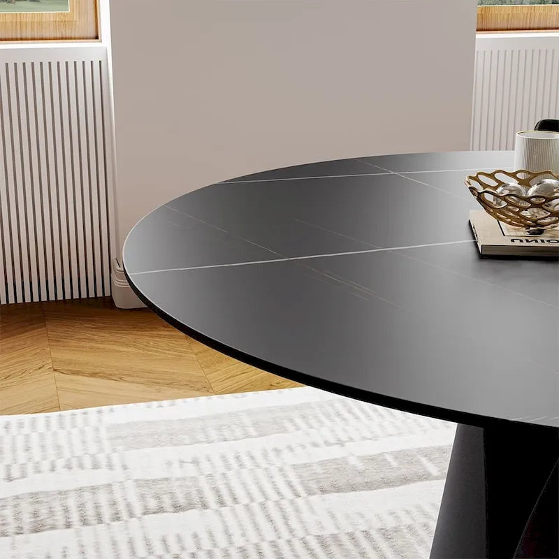 Table de salle à manger ronde blanche moderne, plateau en pierre frittée, piètement en acier au carbone noir massif