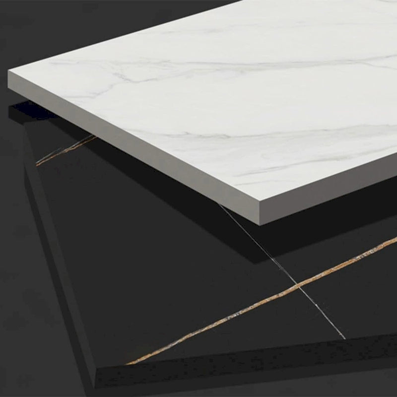 Table de salle à manger ronde blanche moderne, plateau en pierre frittée, piètement en acier au carbone noir massif