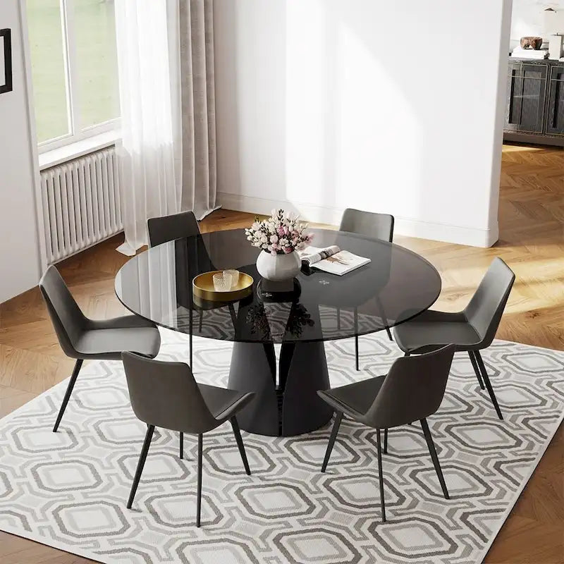 Table de salle à manger ronde blanche moderne, plateau en pierre frittée, piètement en acier au carbone noir massif
