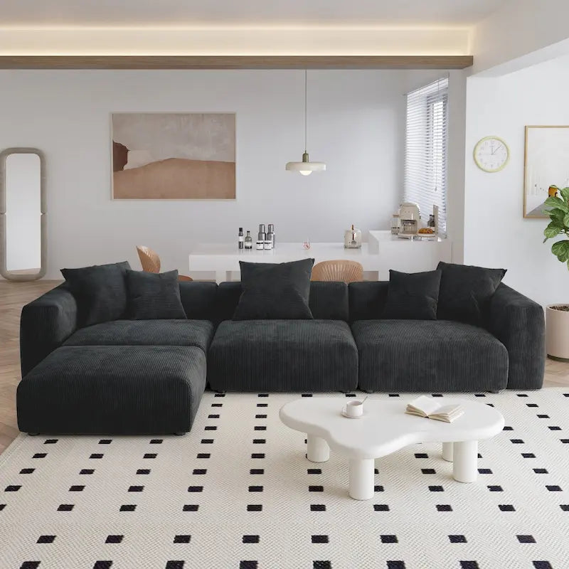 Canapé d'angle moderne en forme de L avec 5 coussins et pouf méridienne, housses de coussins amovibles