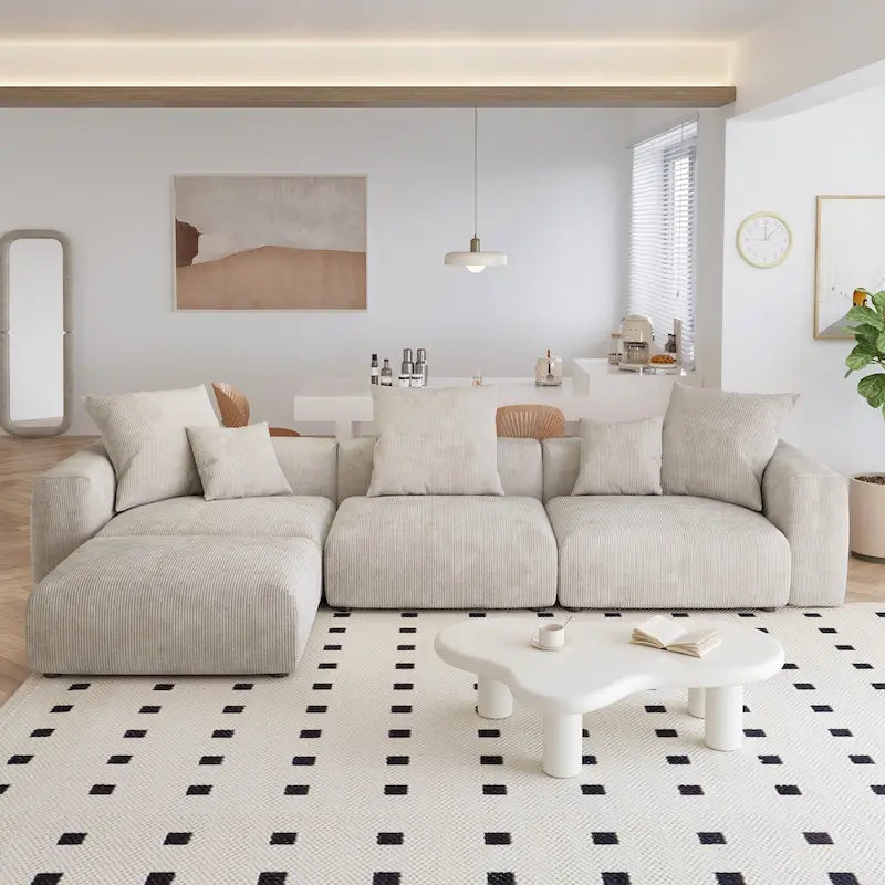 Canapé d'angle moderne en forme de L avec 5 coussins et pouf méridienne, housses de coussins amovibles
