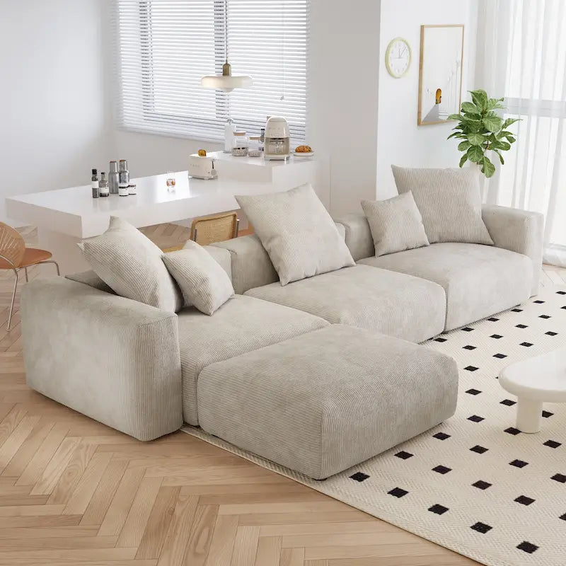 Canapé d'angle moderne en forme de L avec 5 coussins et pouf méridienne, housses de coussins amovibles