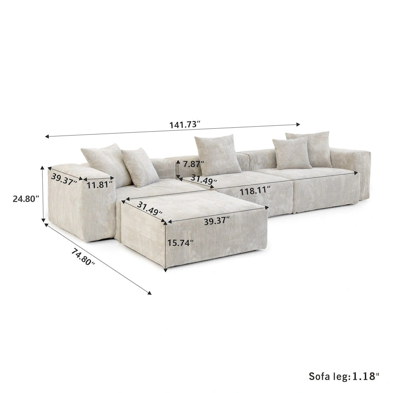 Canapé d'angle moderne en forme de L avec 5 coussins et pouf méridienne, housses de coussins amovibles