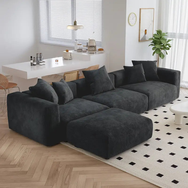 Canapé d'angle moderne en forme de L avec 5 coussins et pouf méridienne, housses de coussins amovibles