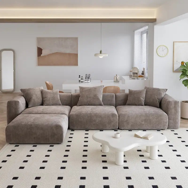 Canapé d'angle moderne en forme de L avec 5 coussins et pouf méridienne, housses de coussins amovibles