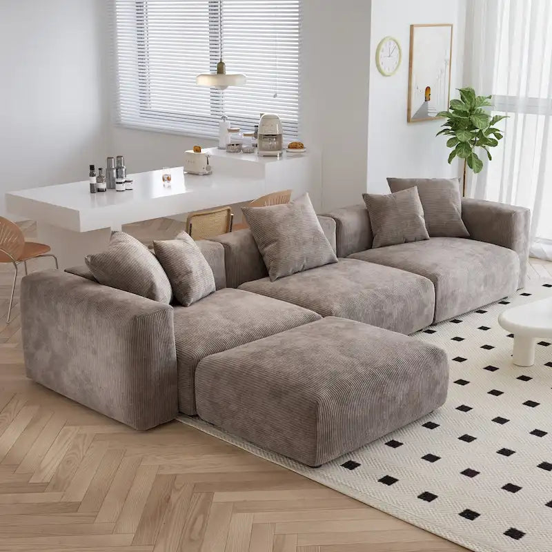 Canapé d'angle moderne en forme de L avec 5 coussins et pouf méridienne, housses de coussins amovibles