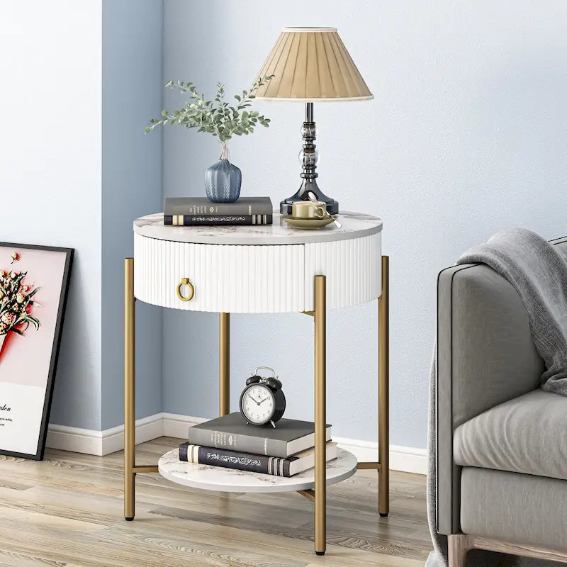 Table d'appoint moderne Myhozm avec tiroir de rangement, table de chevet ronde avec pieds en métal pour salon, chambre, bureau