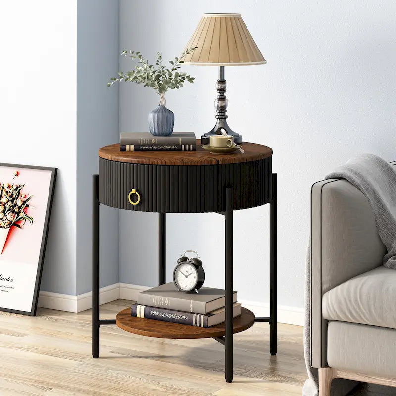 Table d'appoint moderne Myhozm avec tiroir de rangement, table de chevet ronde avec pieds en métal pour salon, chambre, bureau