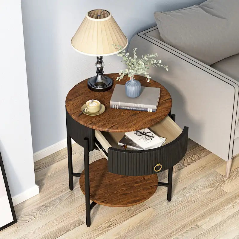 Table d'appoint moderne Myhozm avec tiroir de rangement, table de chevet ronde avec pieds en métal pour salon, chambre, bureau