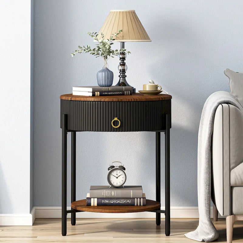 Table d'appoint moderne Myhozm avec tiroir de rangement, table de chevet ronde avec pieds en métal pour salon, chambre, bureau