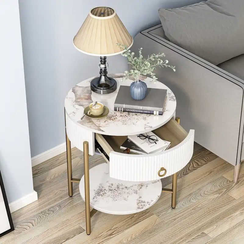Table d'appoint moderne Myhozm avec tiroir de rangement, table de chevet ronde avec pieds en métal pour salon, chambre, bureau