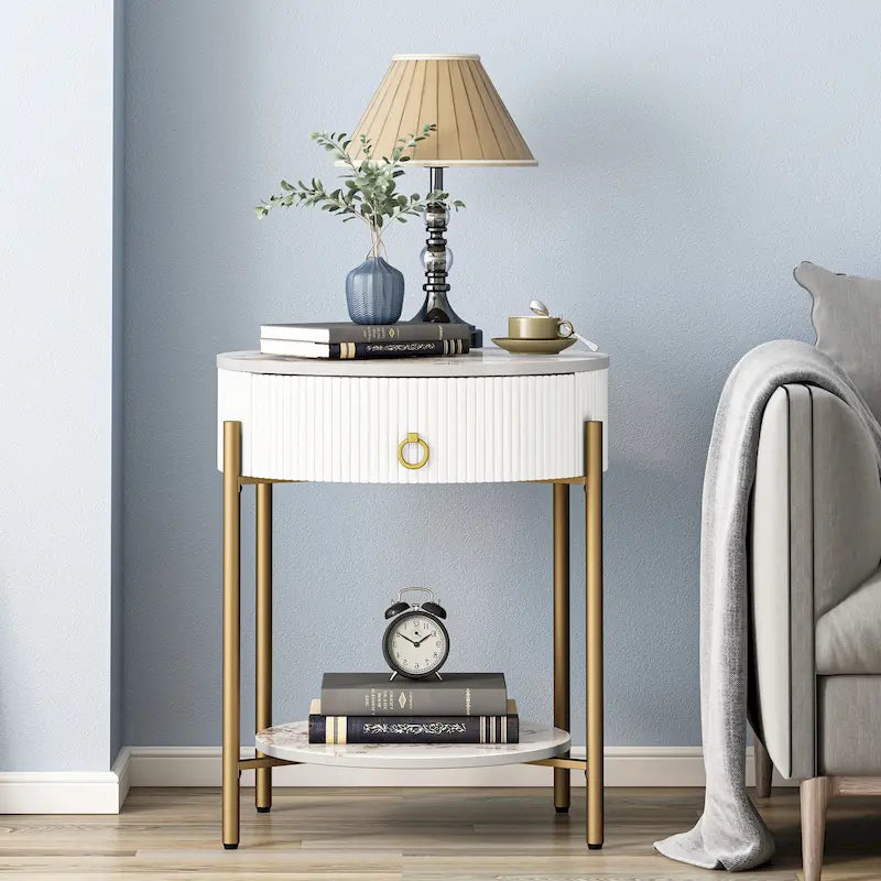 Table d'appoint moderne Myhozm avec tiroir de rangement, table de chevet ronde avec pieds en métal pour salon, chambre, bureau